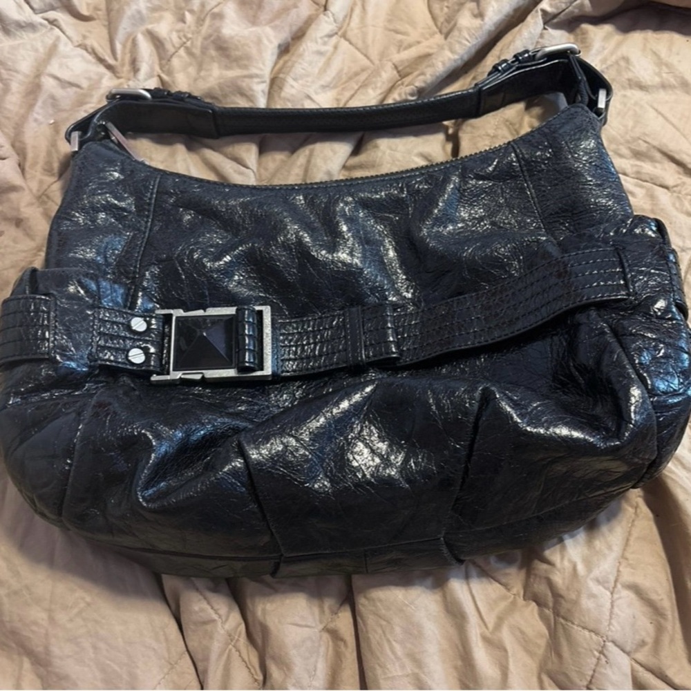 L.A.M.B. Shiny Black Hobo Bag with Buckle